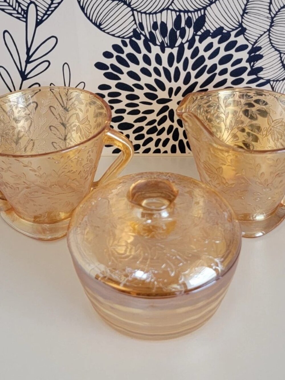 Marigold iridescent carnival glass creamer sugar candy dish set Jeannette Glass